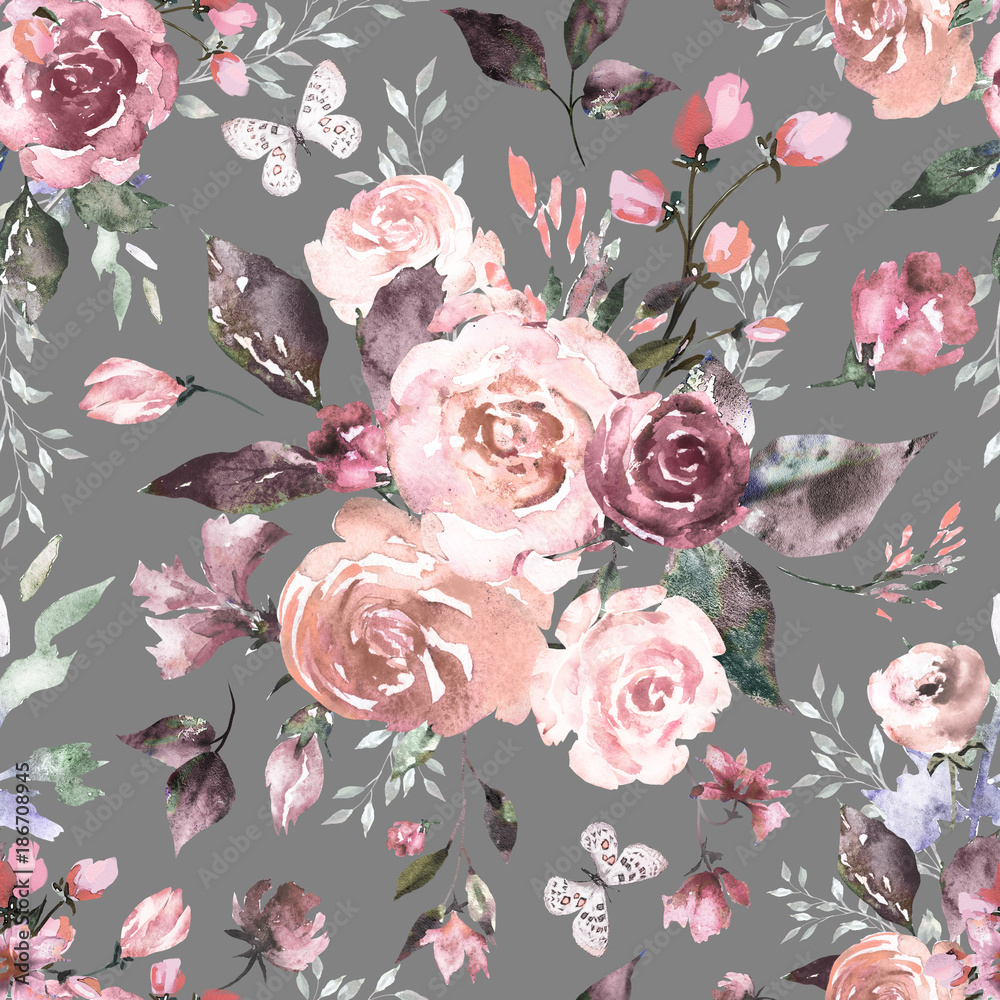 Seamless pattern with pink flowers and leaves on gray background,  watercolor floral pattern, flower rose in pastel color, tileable for  wallpaper, card or fabric. Abstraction design flowers Stock Illustration |  Adobe Stock