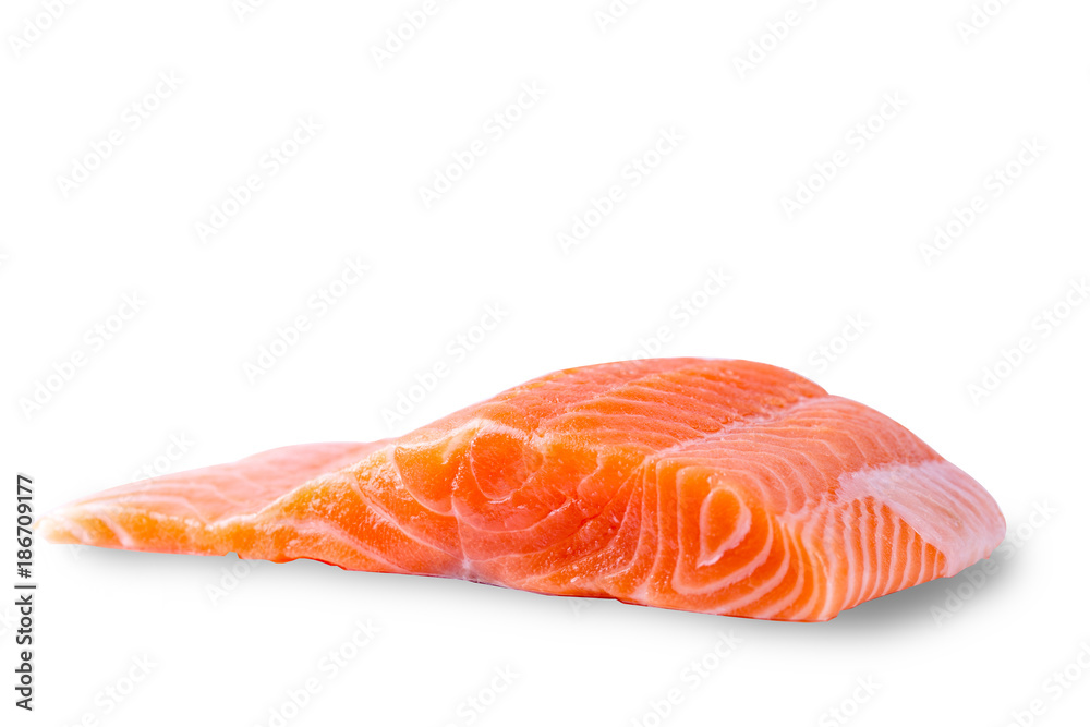 slice of fresh raw salmon on white background with path. slice of fresh raw salmon on white background with path.