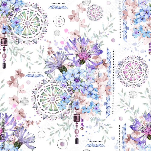 Obrazy do salonu z abstrakcyjnym wzorek kwiatowym i ozdobami Mandali