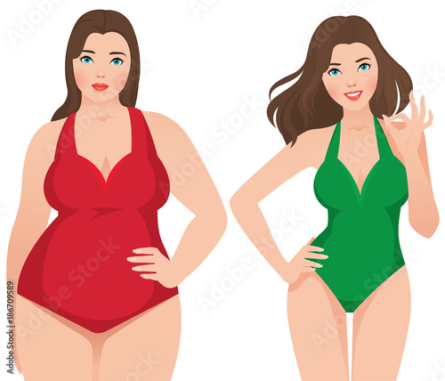 Before and after weight loss fat and slim woman on a white background