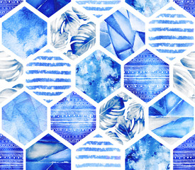Crédence de cuisine Hexagone patrons Hexagones marins feuilles monstera bleu  © lisima