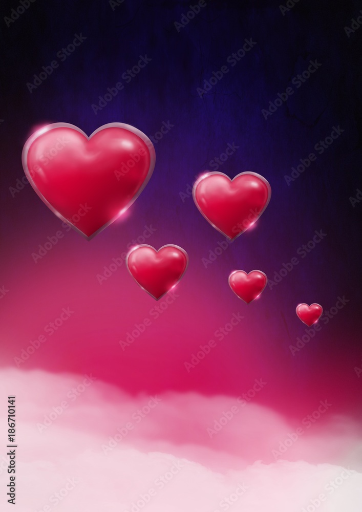 Shiny bubbly Valentines hearts with purple misty background