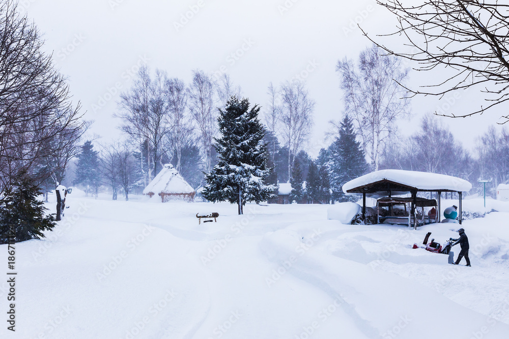 Snowing at a public park in Hokkaido, Japan Snowing at a public park in Hokkaido, Japan