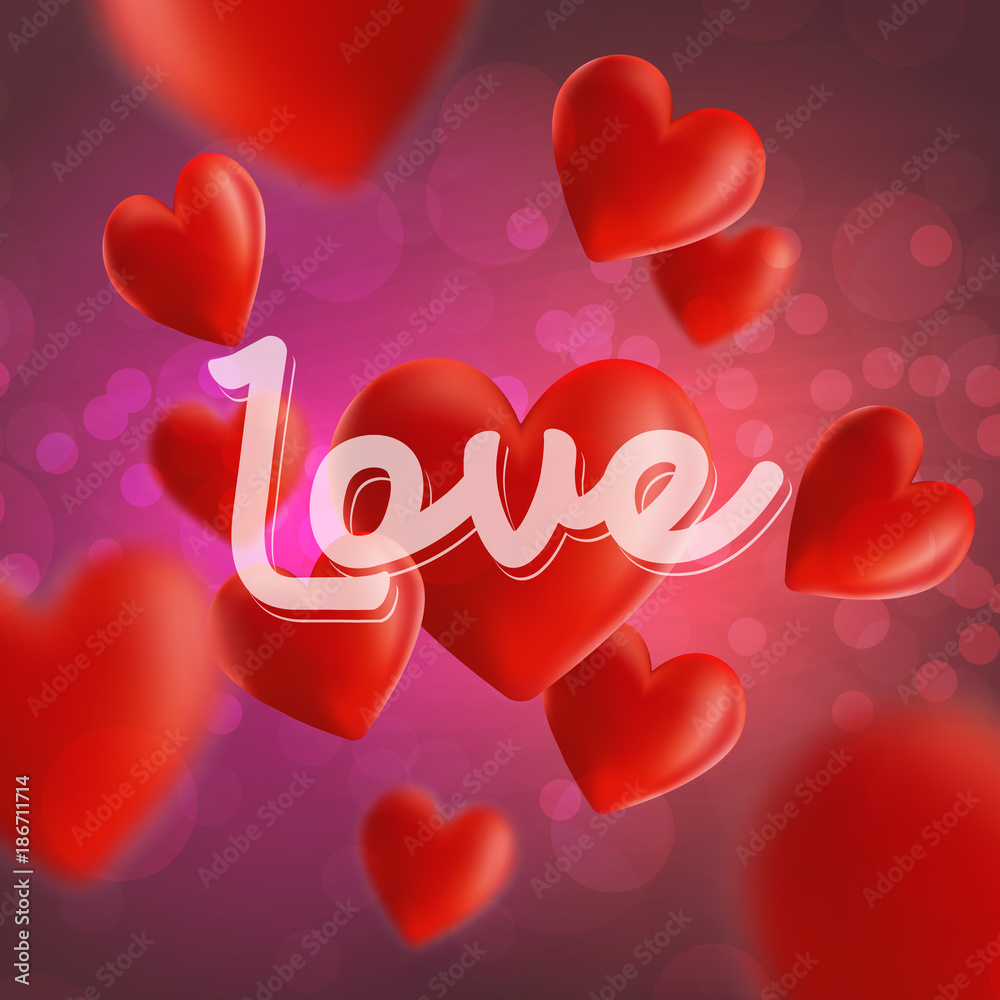 Valentine's Day, text love, Bright red hearts flying on abstract background, Vector