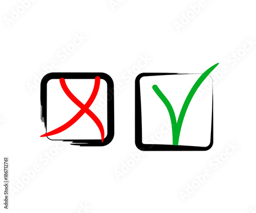 Yes and No Vector Set Square Frames, Isolated.  Hand Painted Election, Quizz, Voting, Test Symbols. Ink Brush Rejection and Approval, Query Choice Icons. Yes and No Tick and Cross Symbolic Marks.
