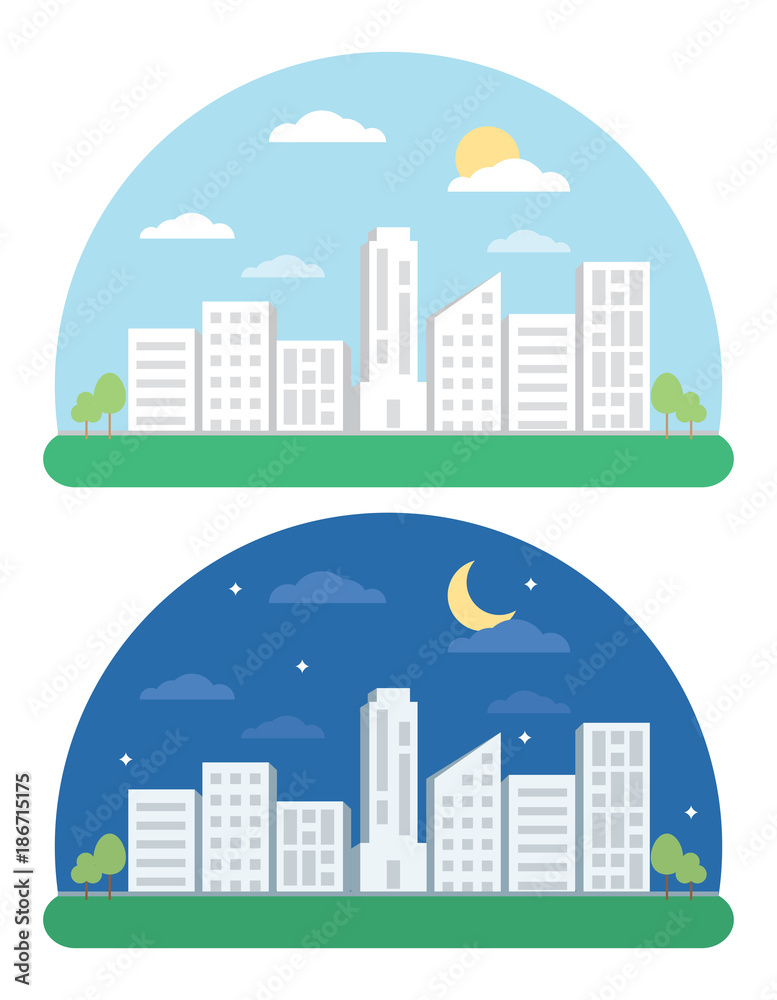 Day and night Landscape City Background Flat Design illustration