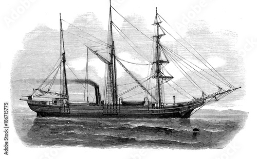 Vintage engraving of Austro-Hungarian three-masted schooner Tegetthoff  to the North Pole expedition