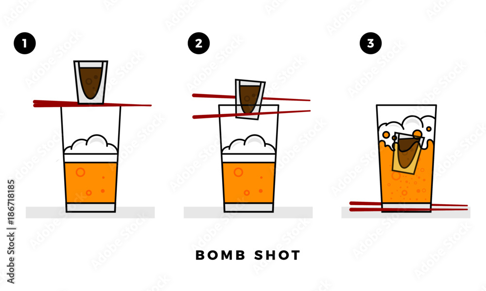 Sake Bomb Shot Process. Shot Glass falling in Beer Glass. Vector