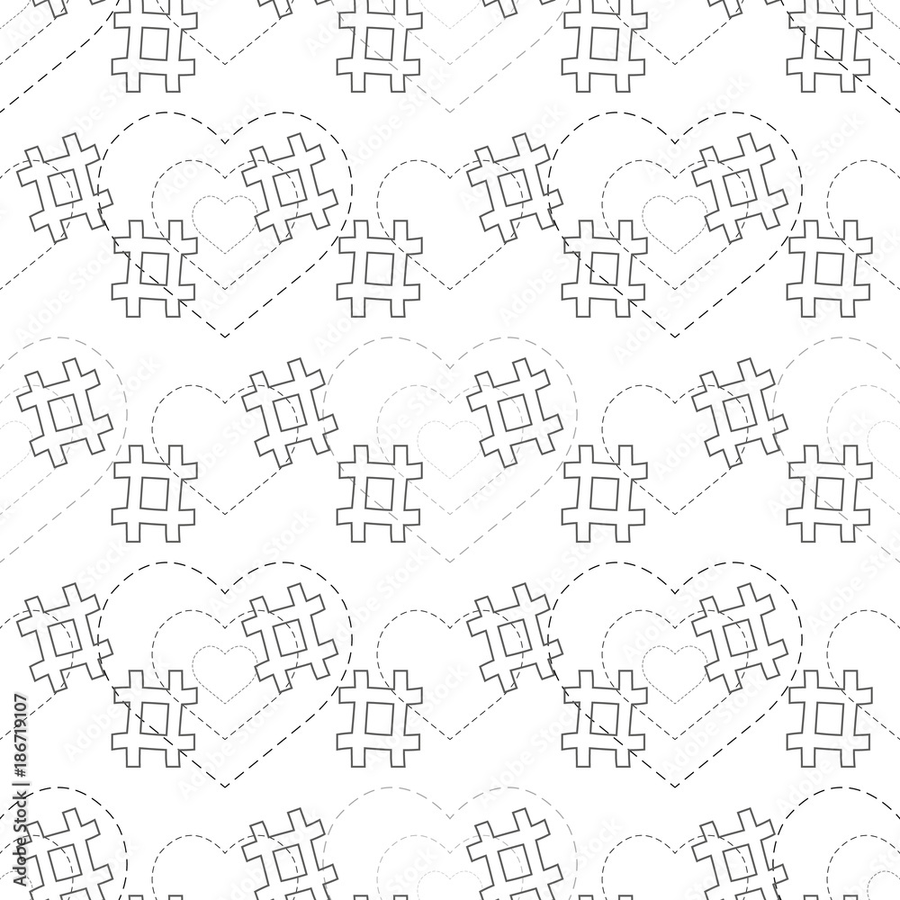 Hashtag and heart seamless pattern on white background. Hashtag random seamless pattern