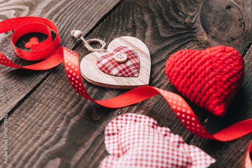 composition of textile hearts made in hand as a gift to the day of St. Valentine's Day