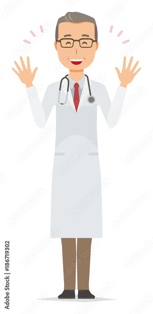 A middle-aged male doctor wearing a white coat is spreading her hands