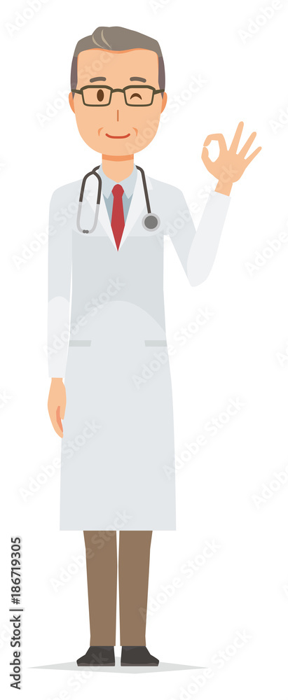 A middle-aged male doctor wearing a white suit is playing an okay sign A middle-aged male doctor wearing a white suit is playing an okay sign