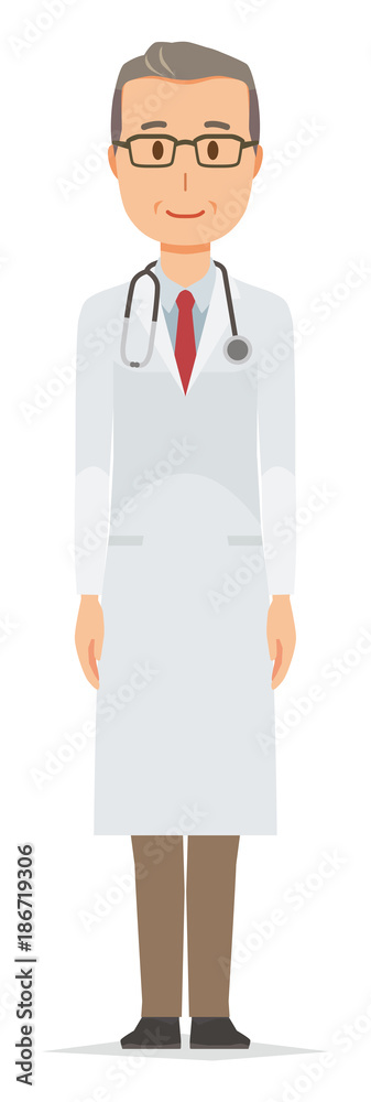 Middle-aged male doctor wearing white coat is standing Middle-aged male doctor wearing white coat is standing