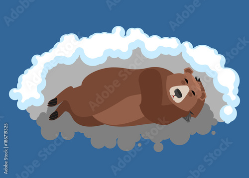 Bear sleeps in den. Grizzly asleep emotions. Wild beast dormant. Vector illustration