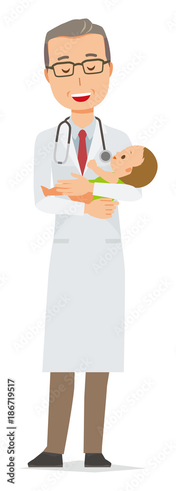 Middle-aged male doctor in white coat hugging baby Middle-aged male doctor in white coat hugging baby