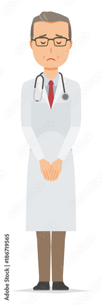 Middle-aged male doctor in white coat apologizes Middle-aged male doctor in white coat apologizes