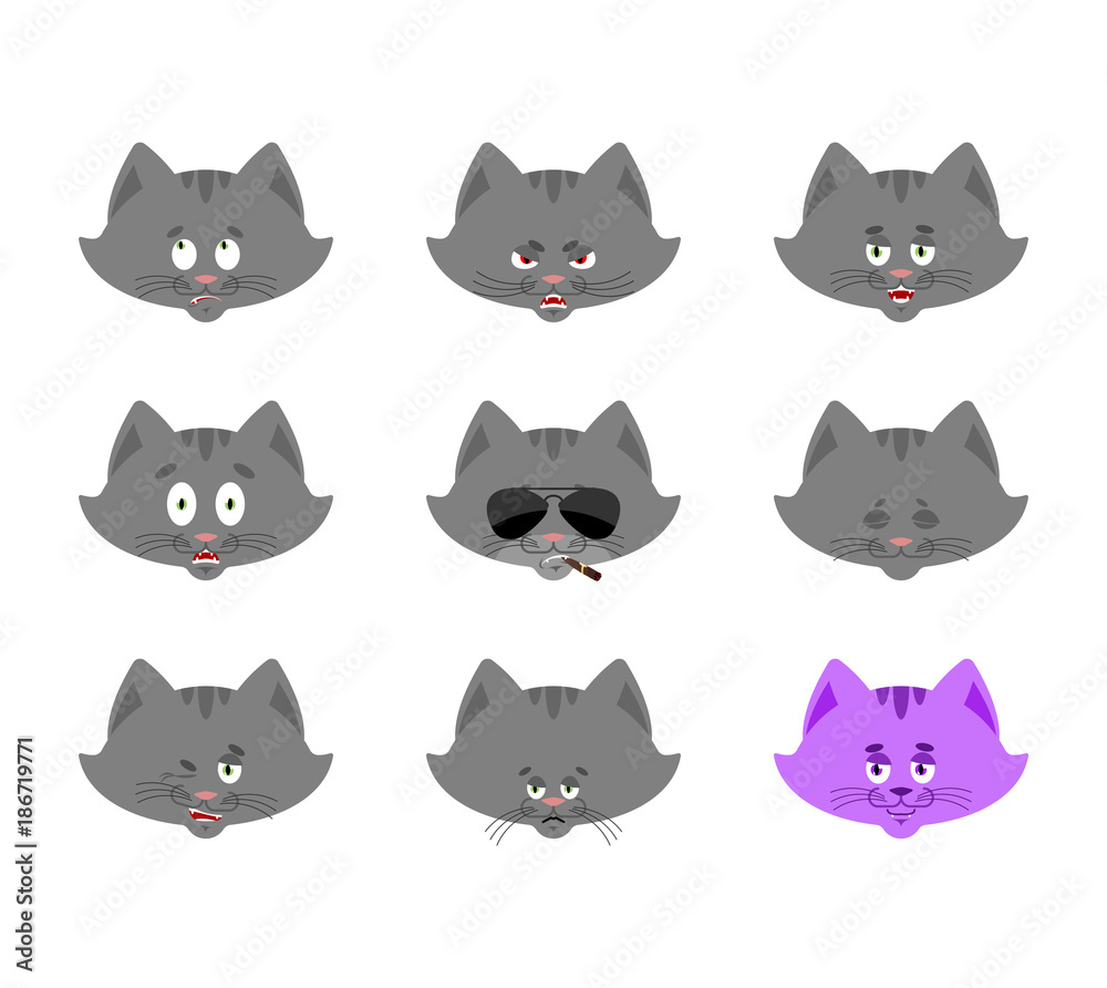 Cat set emoji avatar. sad and angry face. guilty and sleeping. Pet sleeping  emotion face. Kitty Eggplant. Vector illustration Stock Vector
