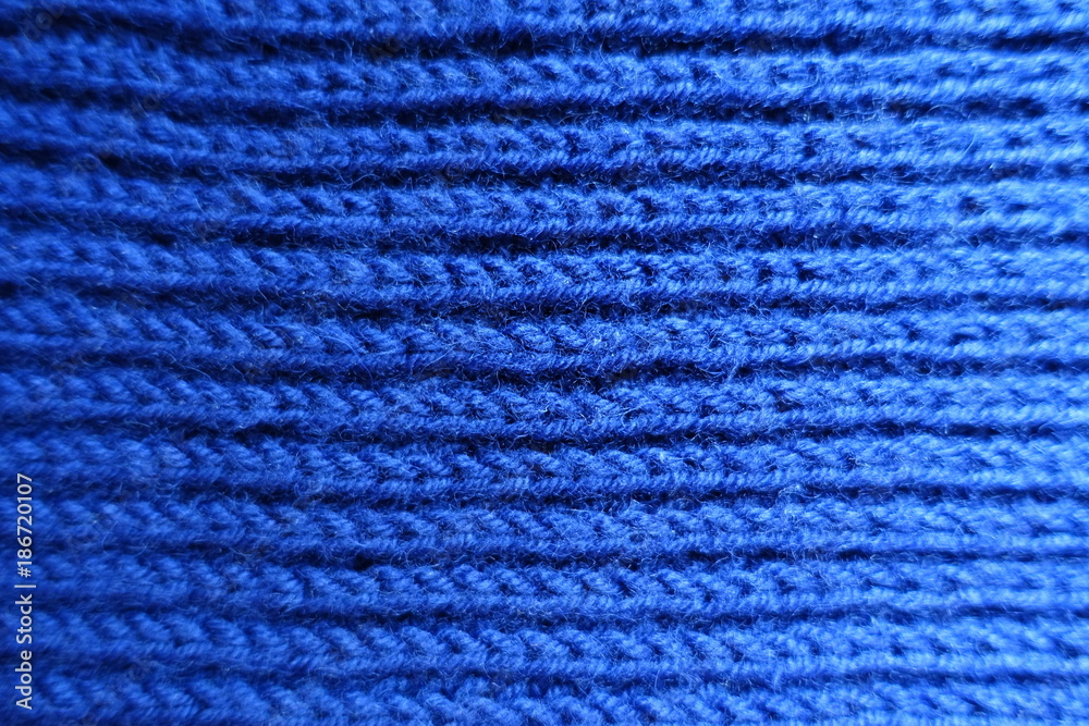 Blue handmade rib knit fabric from above Blue handmade rib knit fabric from above
