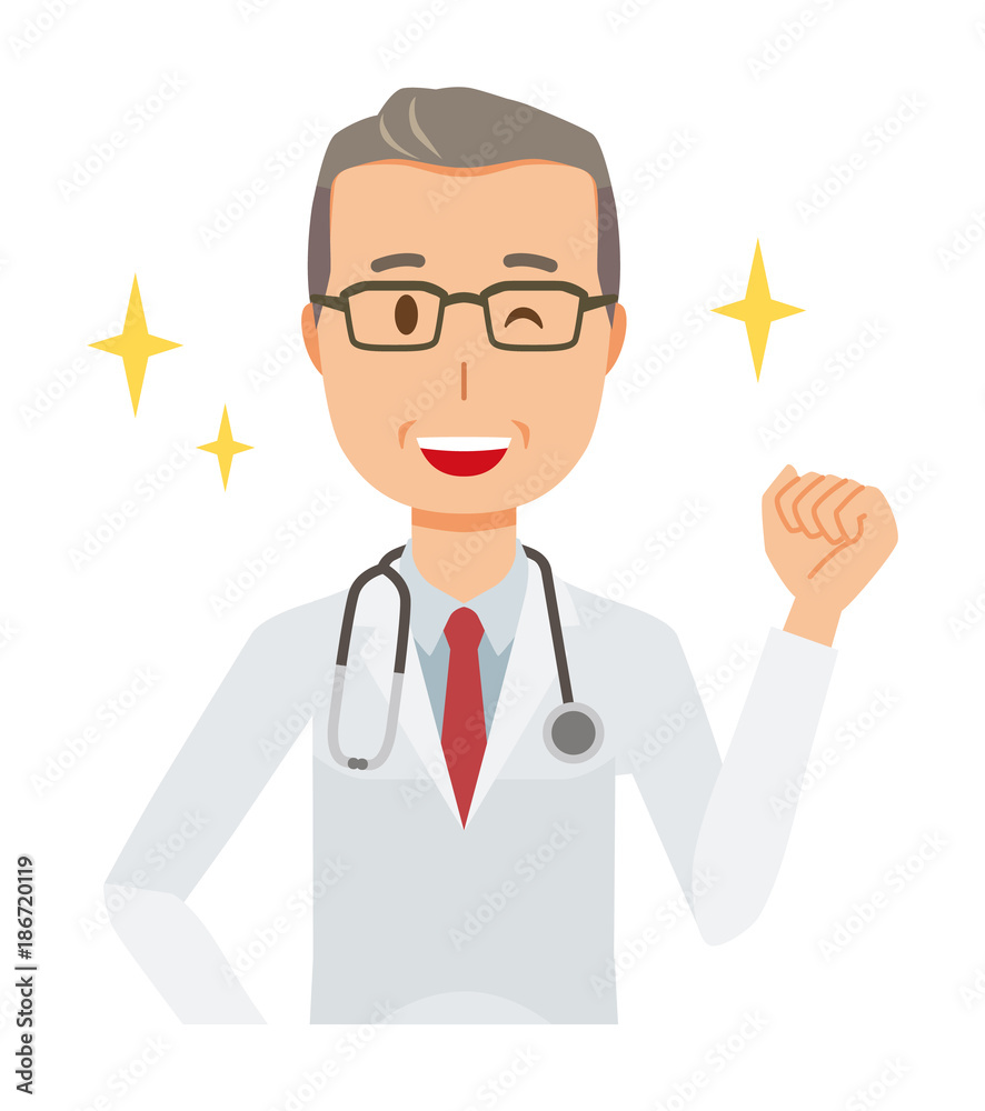 A middle-aged male doctor wearing a white suit is raising his fist A middle-aged male doctor wearing a white suit is raising his fist