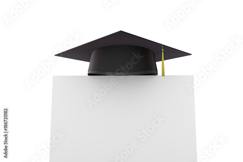 Graduation cap with black certificate. 3D Rendering