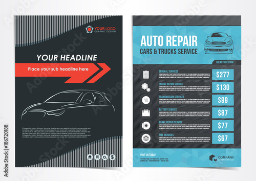 Set of Auto Repair Cars & Trucks Service layout templates, brochure, mockup flyer. Vector illustration.