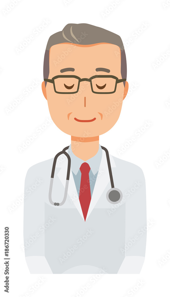 A middle-aged male doctor wearing a white coat is bowing A middle-aged male doctor wearing a white coat is bowing