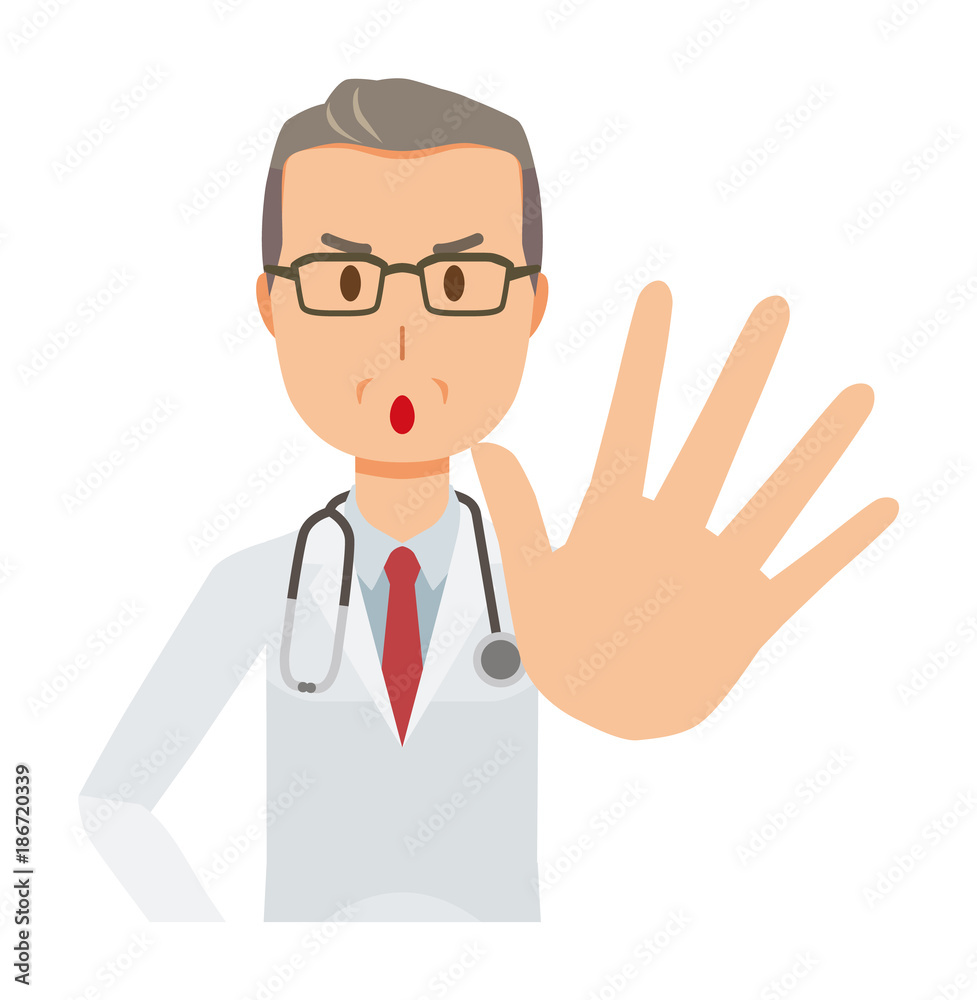 A middle-aged male doctor wearing a white coat is giving out one hand