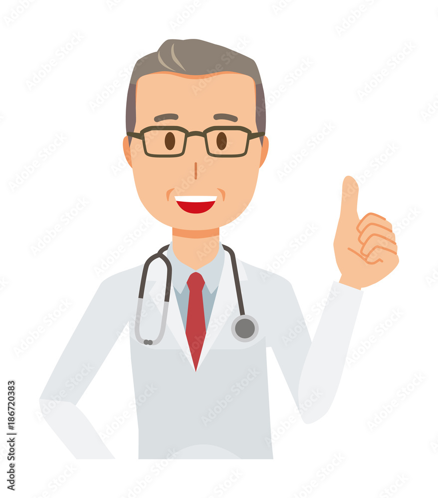 A middle-aged male doctor in a white suit is doing a good sign A middle-aged male doctor in a white suit is doing a good sign