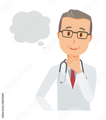 A middle-aged male doctor wearing a white suit imagines it