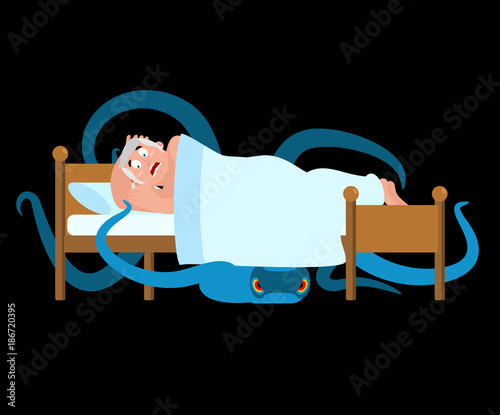 Monster under bed. Frightened Man is asleep. Vector illustration.