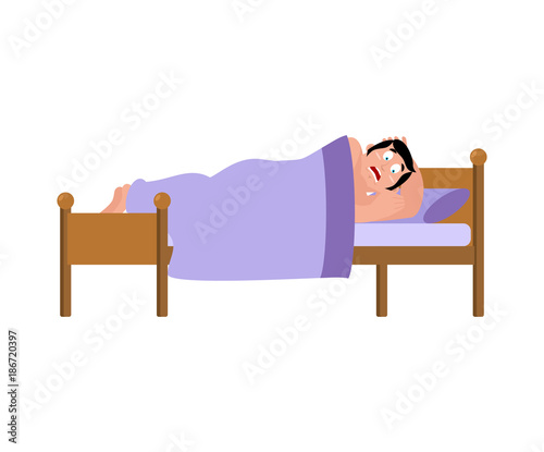 frightened Man sleeps on bed. had terrible dream. Vector illustration.