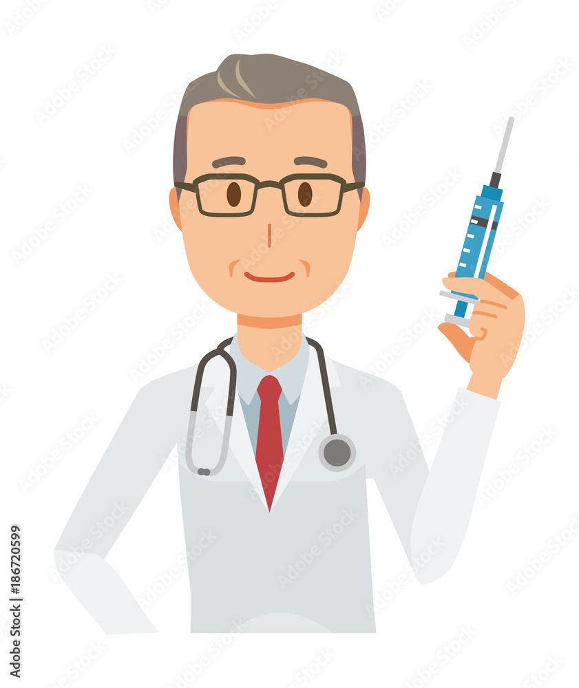 A middle-aged male doctor wearing a white suit has a syringe A middle-aged male doctor wearing a white suit has a syringe