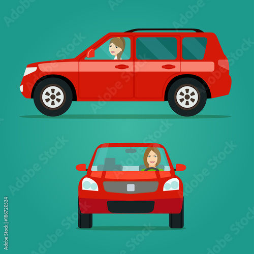 Red car two angle set. Car with driver woman side view and front view. Vector flat illustration.