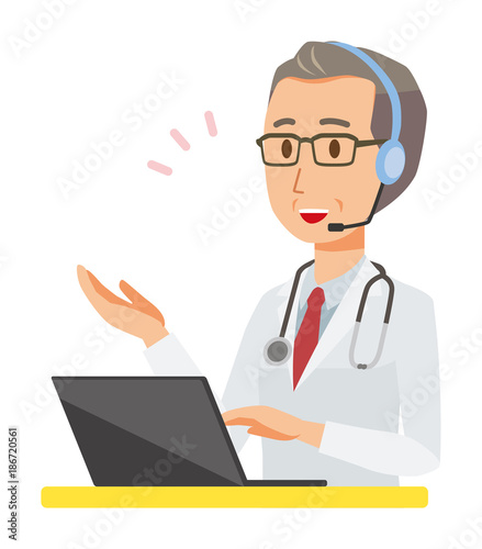 A middle-aged male doctor wearing a white suit calls with a headset
