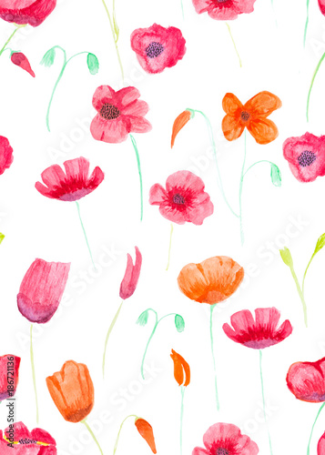 Hand painted with watercolor brush seamless pattern with red and orange poppies illustration isolated on white background