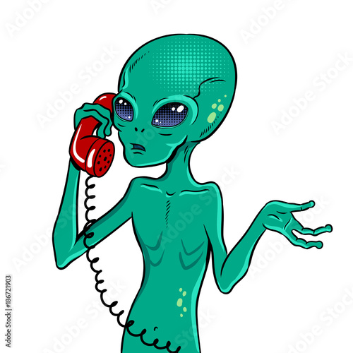 Alien speaking on phone pop art vector