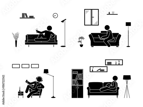 Stick figure resting at home position set. Sitting, lying, reading book, listening to music, using laptop, drinking wine vector icon relaxing posture on sofa and armchair