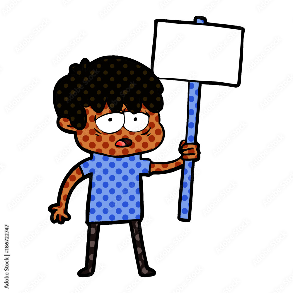 cartoon exhausted boy with placard cartoon exhausted boy with placard