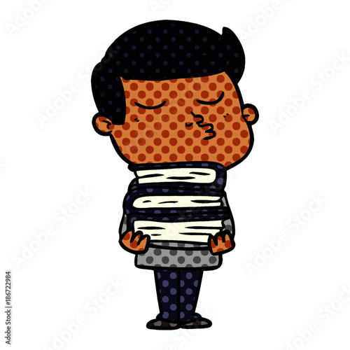 cartoon model guy pouting holding books