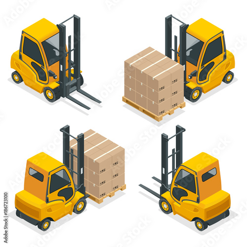 Isometric vector Compact Forklift Trucks isolated on white. Storage equipment icon set. Forklifts in various combinations, storage racks, pallets with goods for infographics.