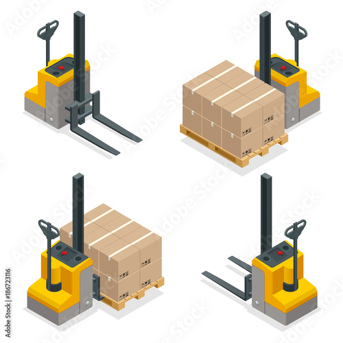 Isometric vector Compact Forklift Trucks isolated on white. Storage equipment icon set. Forklifts in various combinations, storage racks, pallets with goods for infographics.