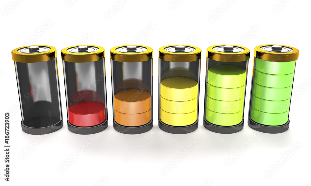 Rechargeable batteries with charge level (3d illustration). Rechargeable batteries with charge level (3d illustration).