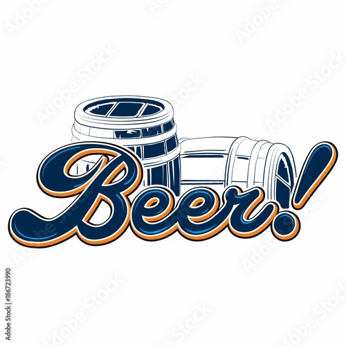 written beer with barrels in the background