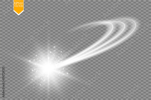 A bright comet with large dust. Falling Star. Glow light effect. Golden lights. Vector illustration