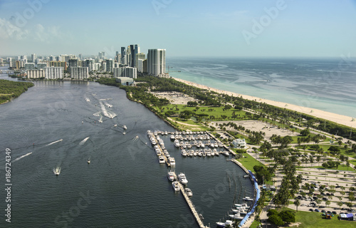 USA, Florida, Miami, Aerial view of city and sea