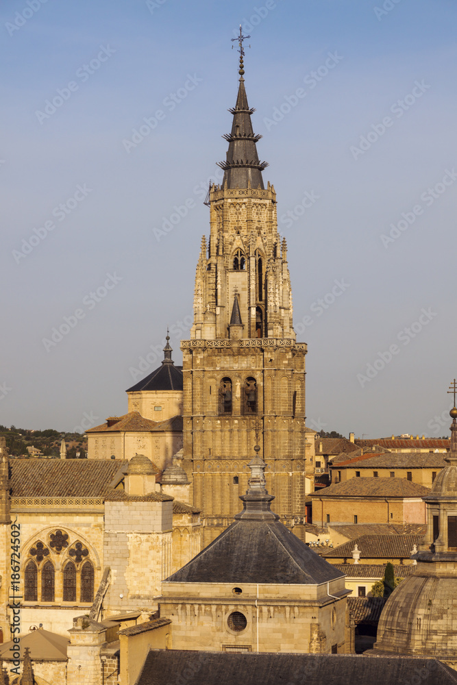 Spain, Castile-La Mancha, Toledo, Illuminated tower of Toledo Cathedral Spain, Castile-La Mancha, Toledo, Illuminated tower of Toledo Cathedral