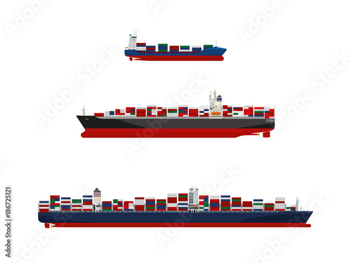Cargo container vessels in three sizes. Feeder ship, panamax class and ultra-large container ship vector illustration