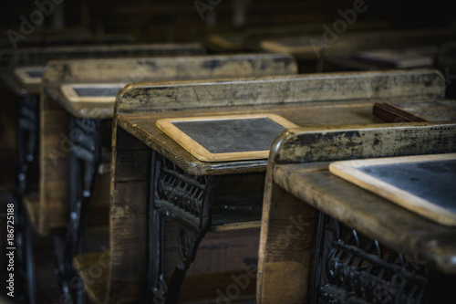Old wooden desks in classroom, Georgia, USA