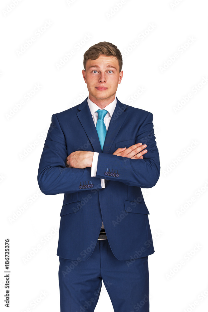 Businessman in navy blue color suit and crossed arms, isolated over white background. Businessman in navy blue color suit and crossed arms, isolated over white background.