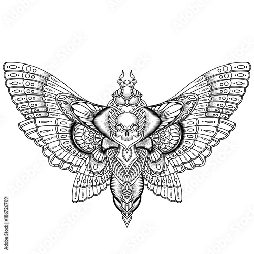 Patterned butterfly . Ornate moth. Papillon. Tattoo design. It may be used for design of a t-shirt, bag, postcard, a poster and so on